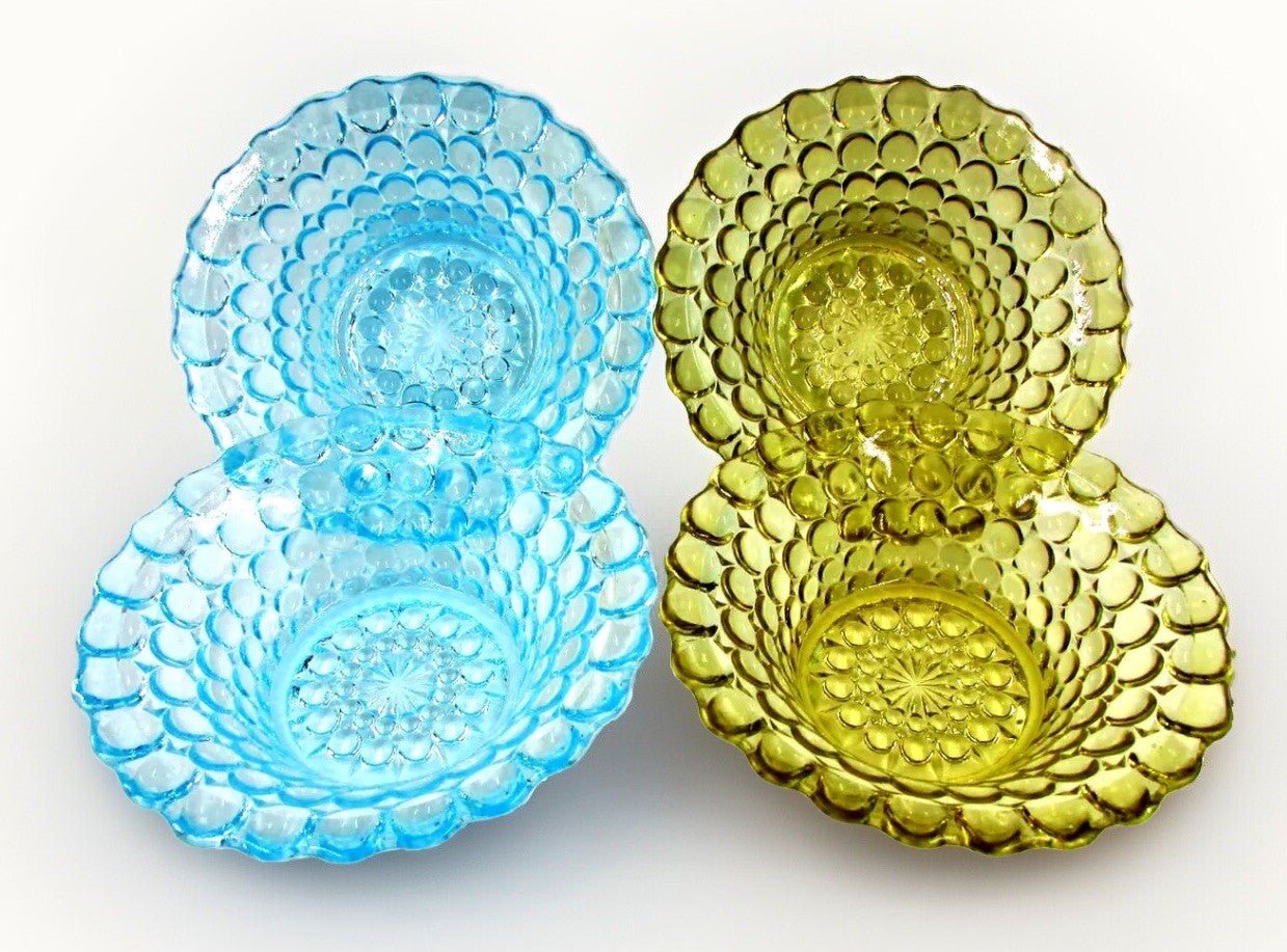 Adams 1000 Eye Glass Berry 4 1/2" Sauce Bowls (2 Blue, 2 Amber) Antique Set Of 4 - AntiquesEtceteraAdams 1000 Eye Glass Berry 4 1/2" Sauce Bowls (2 Blue, 2 Amber) Antique Set Of 4AdamsAntiquesEtcetera