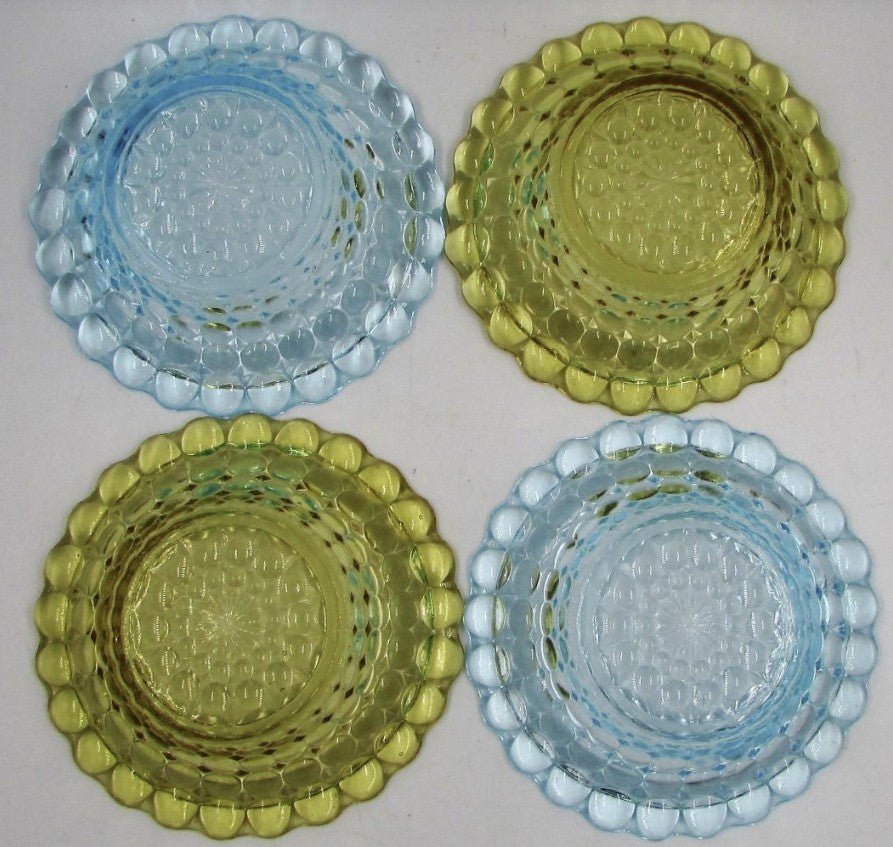 Adams 1000 Eye Glass Berry 4 1/2" Sauce Bowls (2 Blue, 2 Amber) Antique Set Of 4AntiquesEtcetera