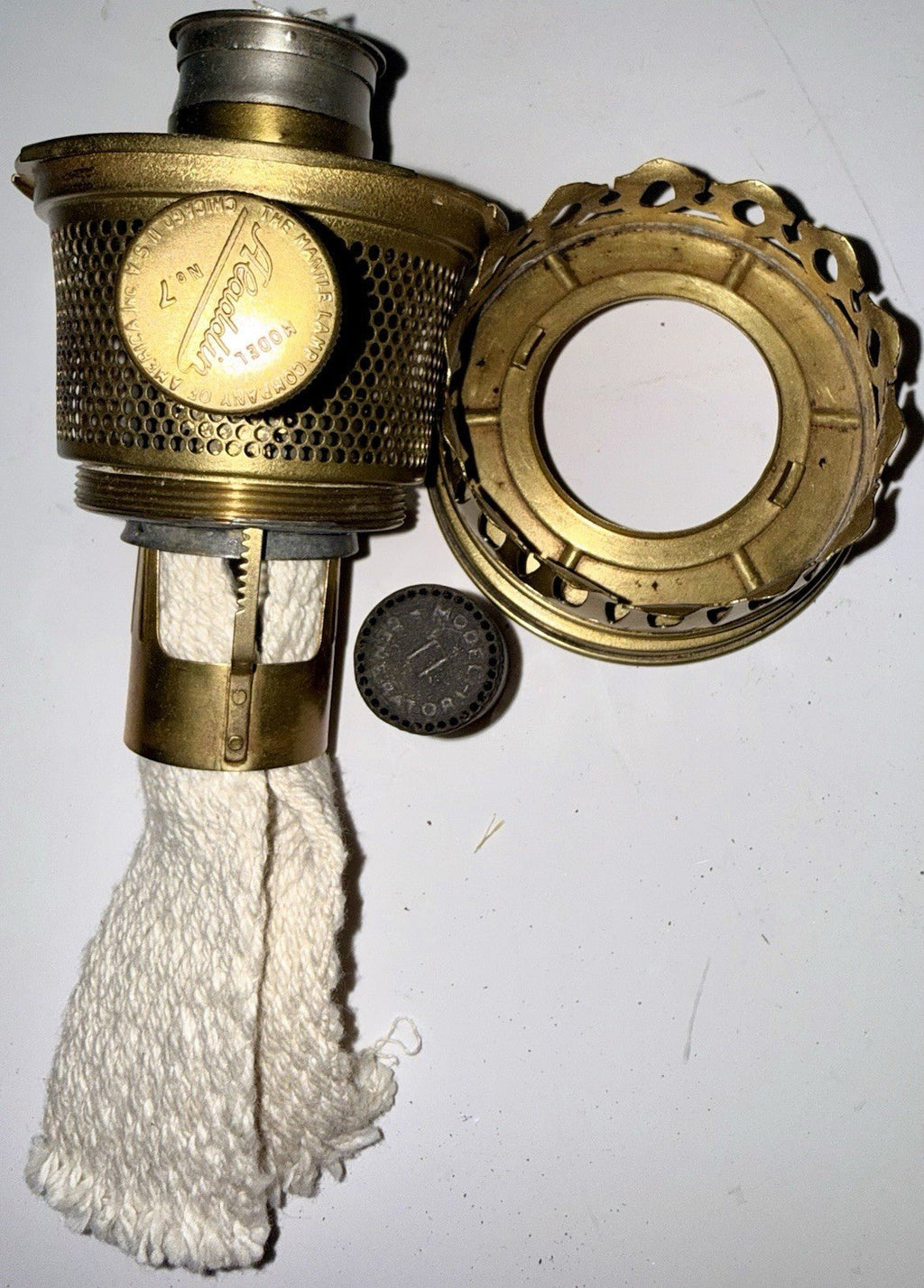 Aladdin Model 7 Lamp Brass Burner, Gallery, Wick, Raiser & 11 Flame Spreader - AntiquesEtceteraAladdin Model 7 Lamp Brass Burner, Gallery, Wick, Raiser & 11 Flame SpreaderAladdinAntiquesEtcetera