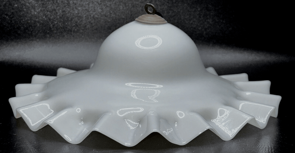 Antique 8" Opal Glass Smoke Bell Shade for Hanging Kerosene Oil Lamp Ruffled Rim - AntiquesEtceteraAntique 8" Opal Glass Smoke Bell Shade for Hanging Kerosene Oil Lamp Ruffled RimAntiqueAntiquesEtcetera