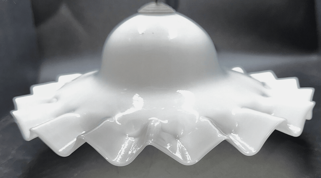 Antique 8" Opal Glass Smoke Bell Shade for Hanging Kerosene Oil Lamp Ruffled Rim - AntiquesEtceteraAntique 8" Opal Glass Smoke Bell Shade for Hanging Kerosene Oil Lamp Ruffled RimAntiqueAntiquesEtcetera