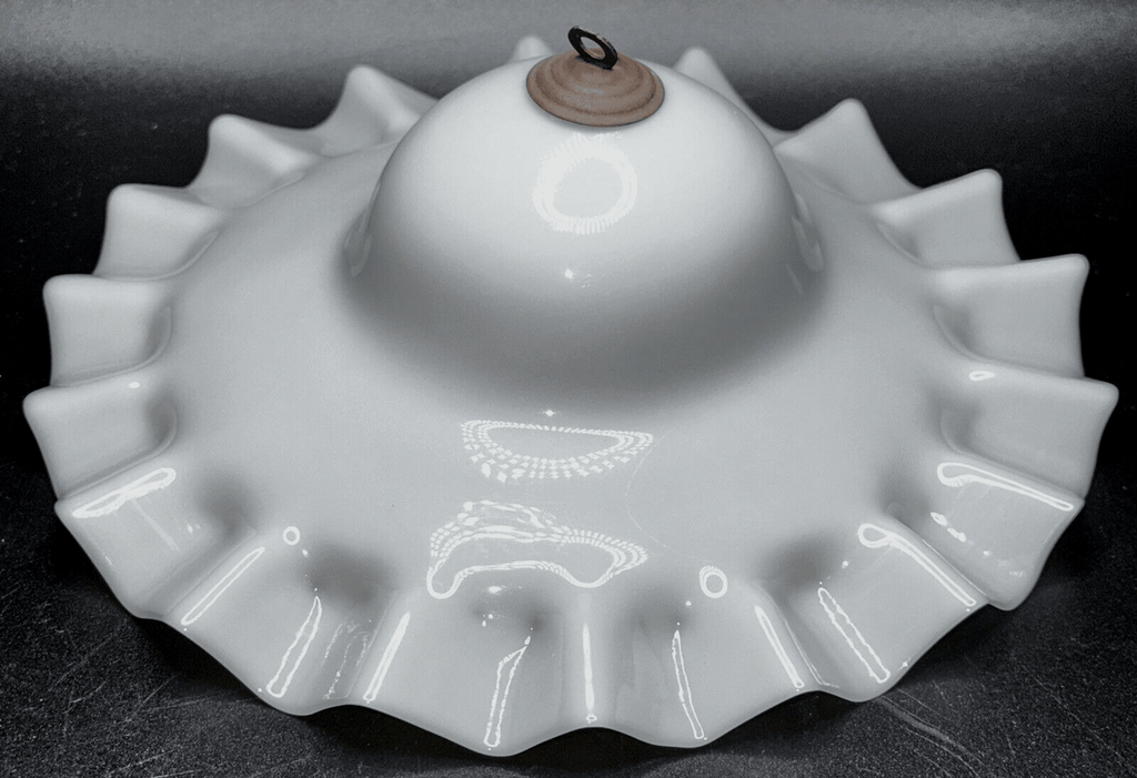 Antique 8" Opal Glass Smoke Bell Shade for Hanging Kerosene Oil Lamp Ruffled Rim - AntiquesEtceteraAntique 8" Opal Glass Smoke Bell Shade for Hanging Kerosene Oil Lamp Ruffled RimAntiqueAntiquesEtcetera