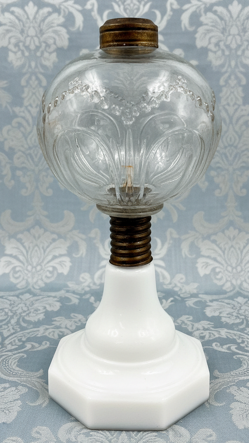 Antique Atterbury Kerosene Lamp with Shelley Font, White Base THURO 1 pg 143 - AntiquesEtceteraAntique Atterbury Kerosene Lamp with Shelley Font, White Base THURO 1 pg 143Antique LightingAntiquesEtceteraAntiquesEtcetera