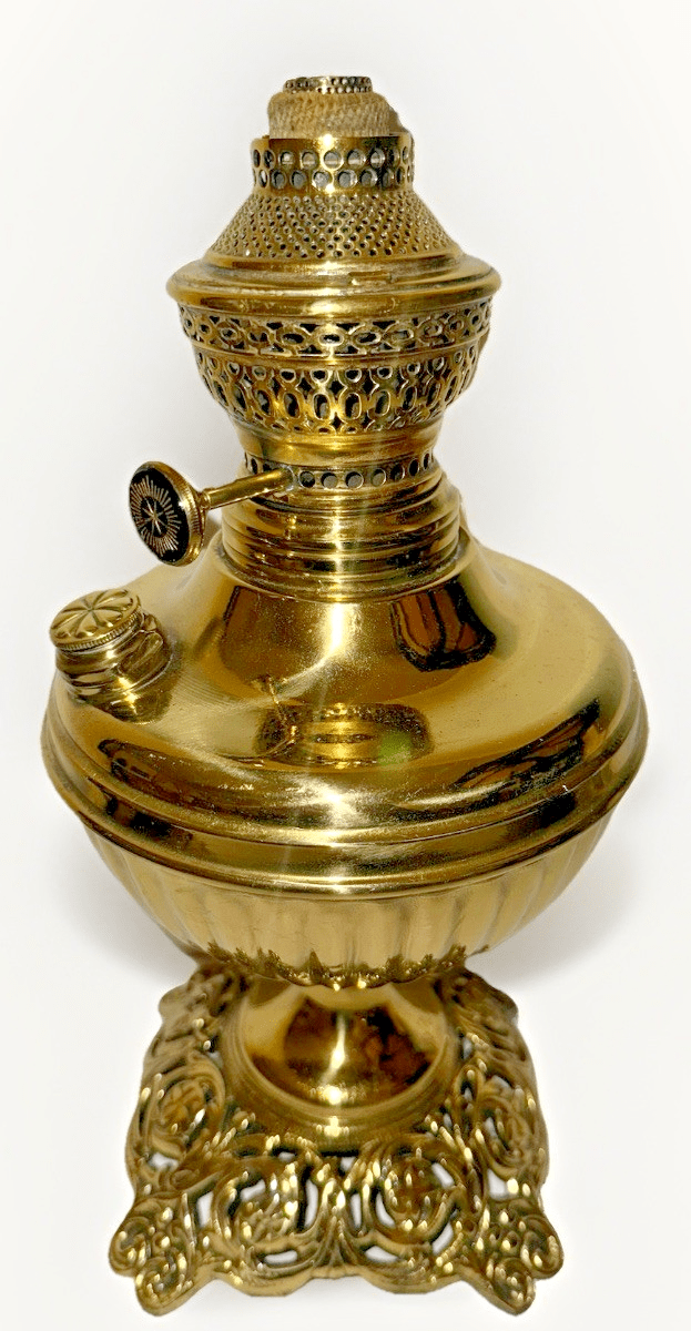 Antique Brass Kerosene Oil Table Lamp w/ Burner & Reticulated Base - Re - Plated - AntiquesEtceteraAntique Brass Kerosene Oil Table Lamp w/ Burner & Reticulated Base - Re - PlatedAntique LightingAntiquesEtceteraAntiquesEtcetera