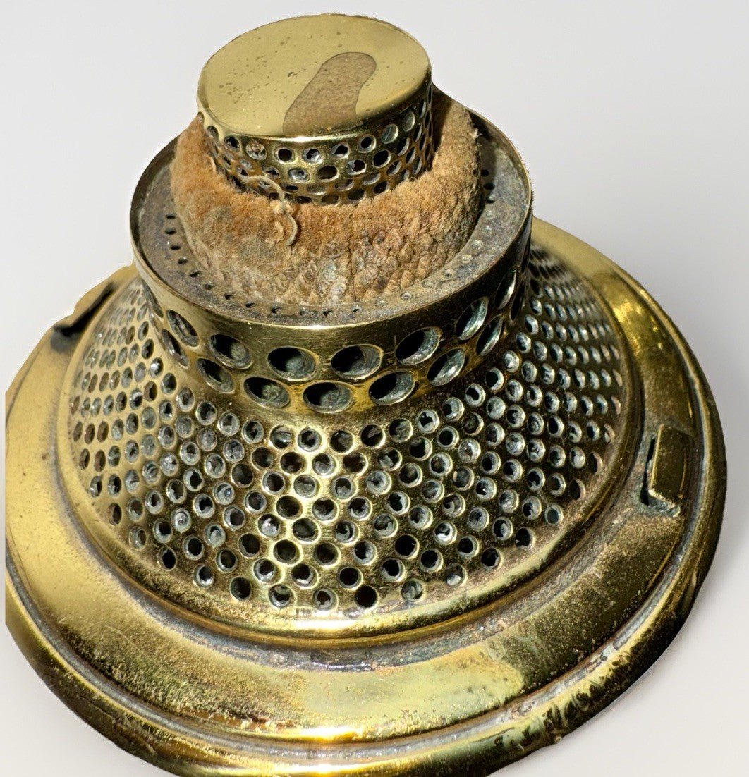 Antique Brass Kerosene Oil Table Lamp w/ Burner & Reticulated Base - Re - Plated - AntiquesEtceteraAntique Brass Kerosene Oil Table Lamp w/ Burner & Reticulated Base - Re - PlatedAntique LightingAntiquesEtceteraAntiquesEtcetera