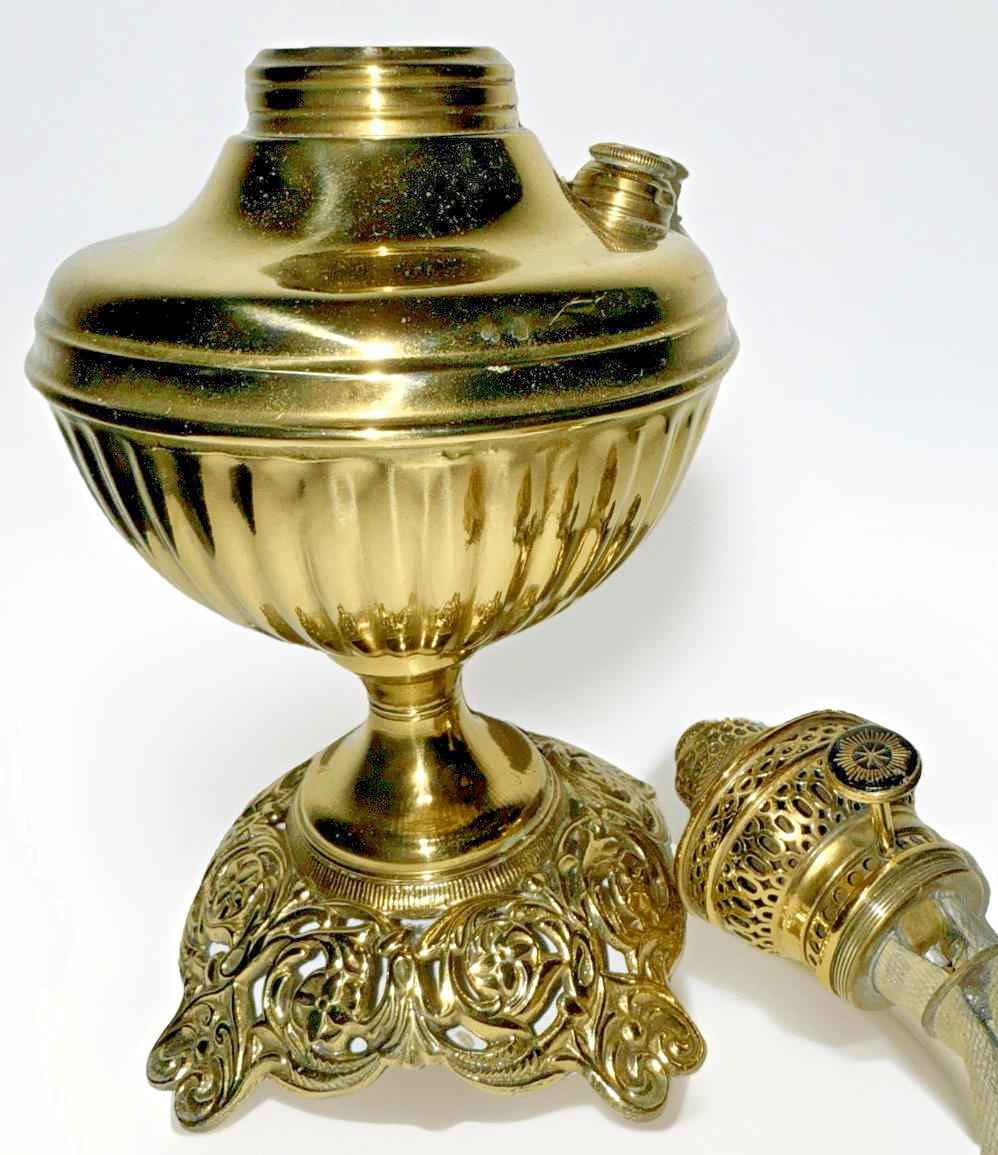 Antique Brass Kerosene Oil Table Lamp w/ Burner & Reticulated Base - Re - Plated - AntiquesEtceteraAntique Brass Kerosene Oil Table Lamp w/ Burner & Reticulated Base - Re - PlatedAntique LightingAntiquesEtceteraAntiquesEtcetera