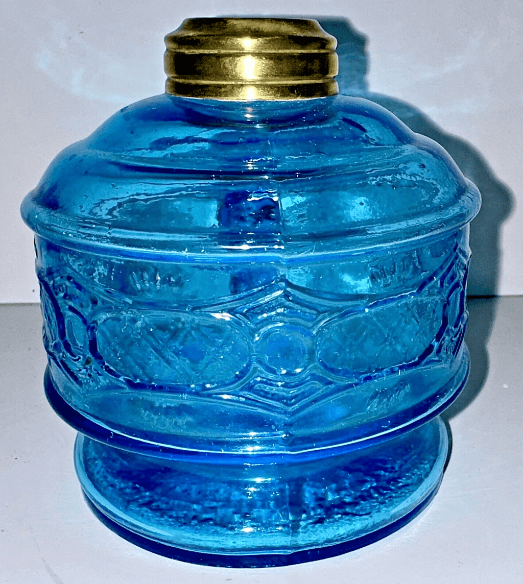 Antique CHAIN WITH STAR Kerosene Oil Flat Hand Lamp Blue Glass 1870 Thuro 1 198c - AntiquesEtceteraAntique CHAIN WITH STAR Kerosene Oil Flat Hand Lamp Blue Glass 1870 Thuro 1 198cBryce Bros.AntiquesEtcetera