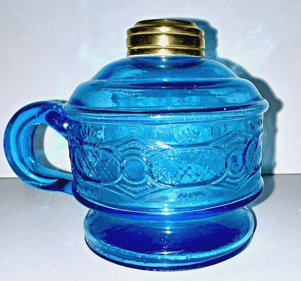 Antique CHAIN WITH STAR Kerosene Oil Flat Hand Lamp Blue Glass 1870 Thuro 1 198c - AntiquesEtceteraAntique CHAIN WITH STAR Kerosene Oil Flat Hand Lamp Blue Glass 1870 Thuro 1 198cBryce Bros.AntiquesEtcetera