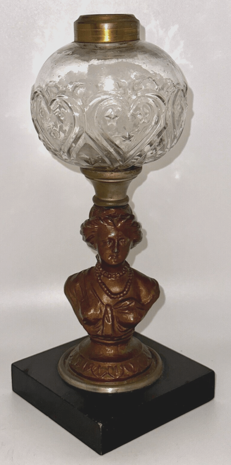 Antique Composite Oil Kerosene Lamp HEART & STARS Font w/ Gallinger Lady Stem - AntiquesEtceteraAntique Composite Oil Kerosene Lamp HEART & STARS Font w/ Gallinger Lady StemAntiqueAntiquesEtcetera