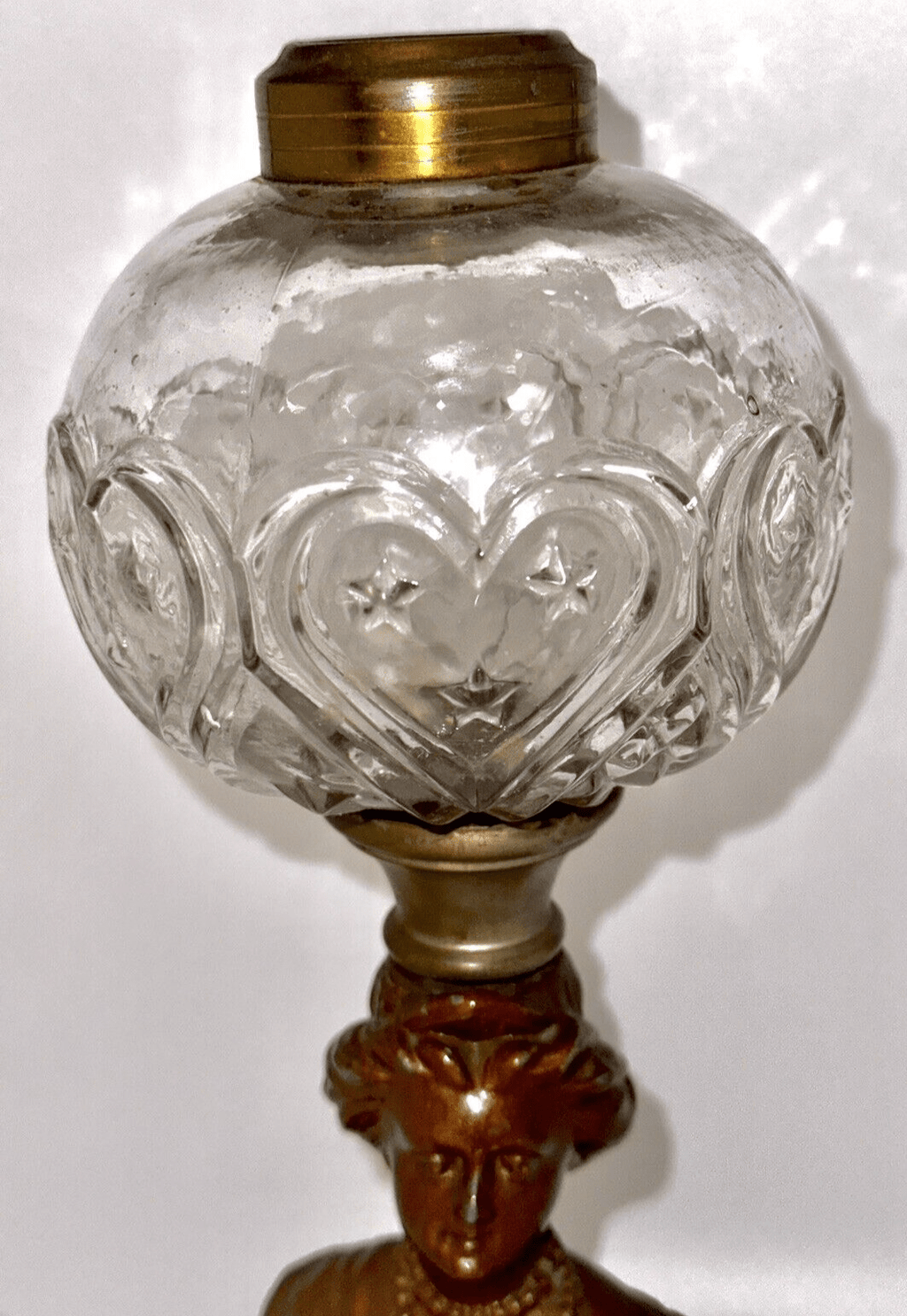 Antique Composite Oil Kerosene Lamp HEART & STARS Font w/ Gallinger Lady Stem - AntiquesEtceteraAntique Composite Oil Kerosene Lamp HEART & STARS Font w/ Gallinger Lady StemAntiqueAntiquesEtcetera