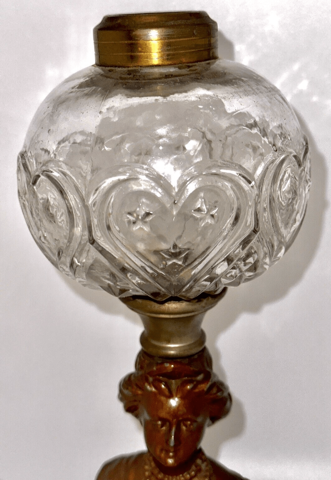 Antique Composite Oil Kerosene Lamp HEART & STARS Font w/ Gallinger Lady Stem - AntiquesEtceteraAntique Composite Oil Kerosene Lamp HEART & STARS Font w/ Gallinger Lady StemAntiqueAntiquesEtcetera