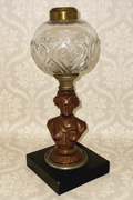 Antique Composite Oil Kerosene Lamp HEART & STARS Font w/ Gallinger Lady StemAntiquesEtcetera