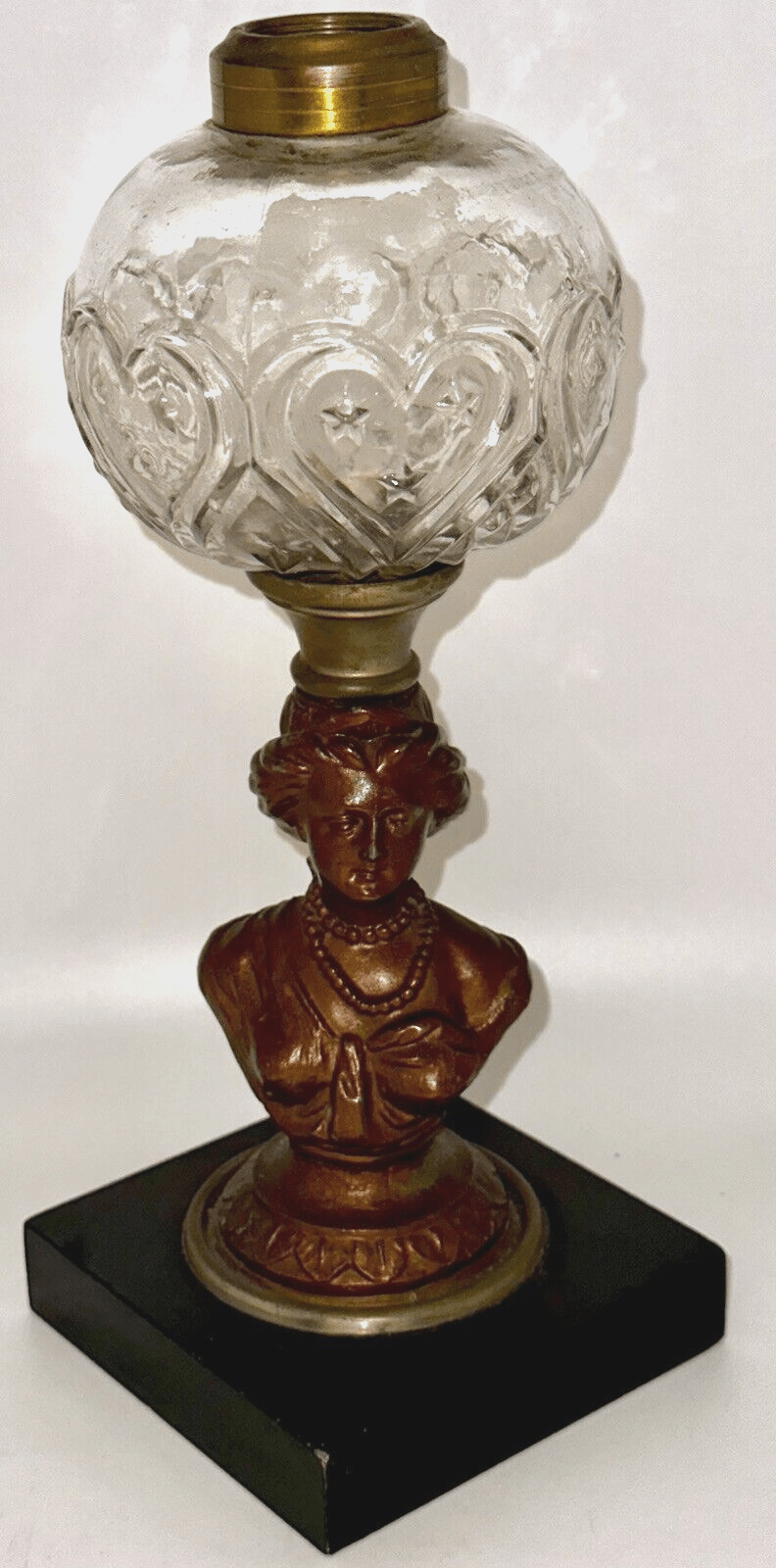 Antique Composite Oil Kerosene Lamp HEART & STARS Font w/ Gallinger Lady Stem - AntiquesEtceteraAntique Composite Oil Kerosene Lamp HEART & STARS Font w/ Gallinger Lady StemAntiqueAntiquesEtcetera