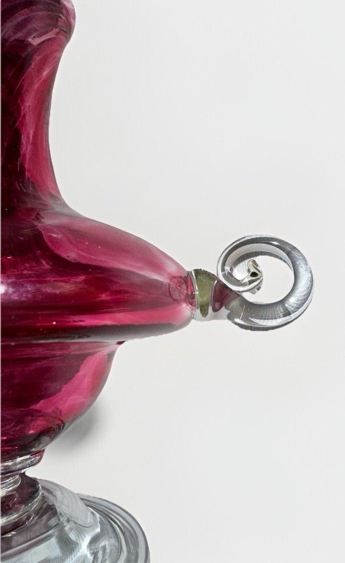 Antique Cranberry Swirl & Flecked Glass Ewer Vase, Applied Rigoree Handle & Base - AntiquesEtceteraAntique Cranberry Swirl & Flecked Glass Ewer Vase, Applied Rigoree Handle & BaseAntiquesEtceteraAntiquesEtcetera