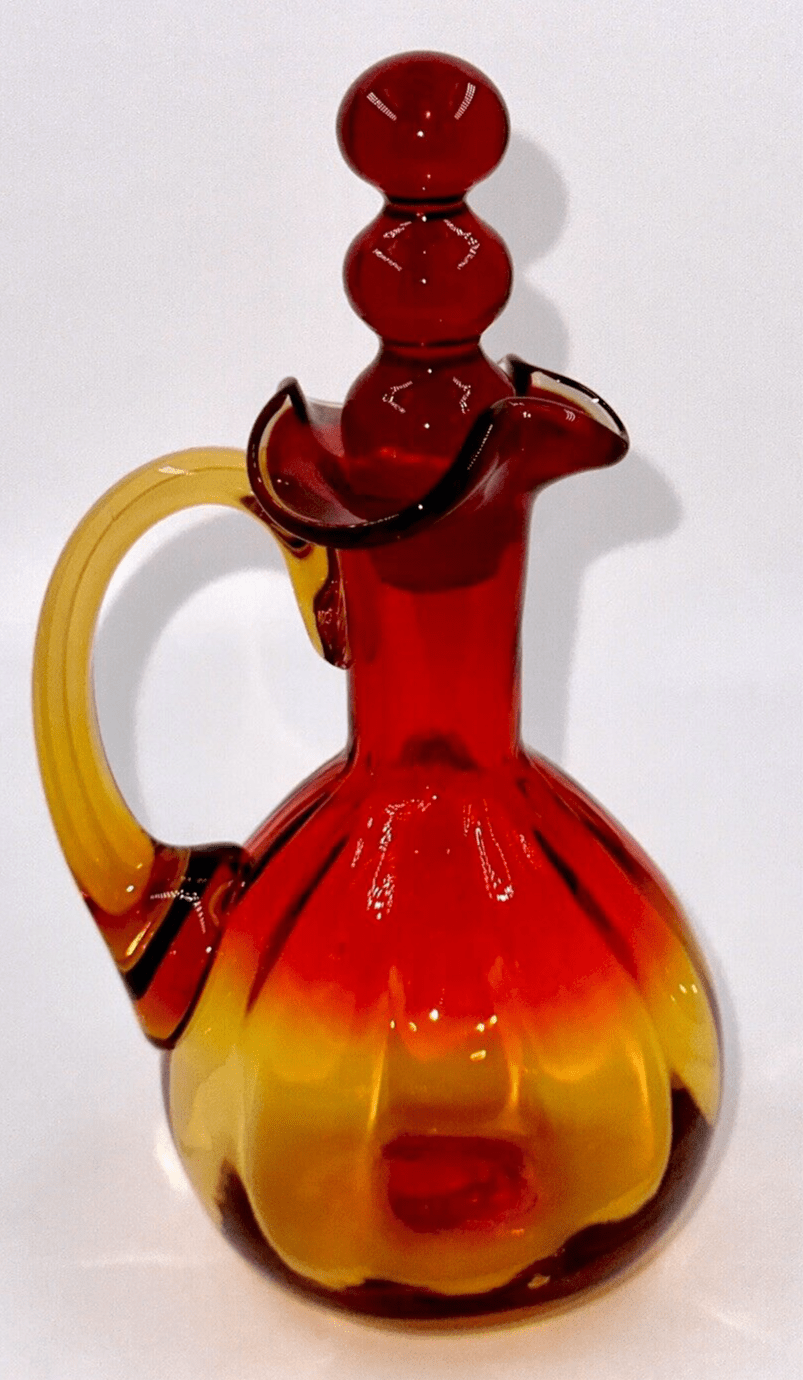 Antique Cruet Amberina Glass Panel Optic w/ Heart - Shaped Spout, Tiered Stopper - AntiquesEtceteraAntique Cruet Amberina Glass Panel Optic w/ Heart - Shaped Spout, Tiered StopperAntiquesEtceteraAntiquesEtcetera