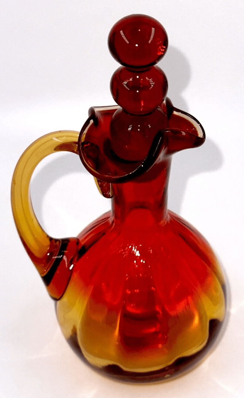 Antique Cruet Amberina Glass Panel Optic w/ Heart - Shaped Spout, Tiered Stopper - AntiquesEtceteraAntique Cruet Amberina Glass Panel Optic w/ Heart - Shaped Spout, Tiered StopperAntiquesEtceteraAntiquesEtcetera