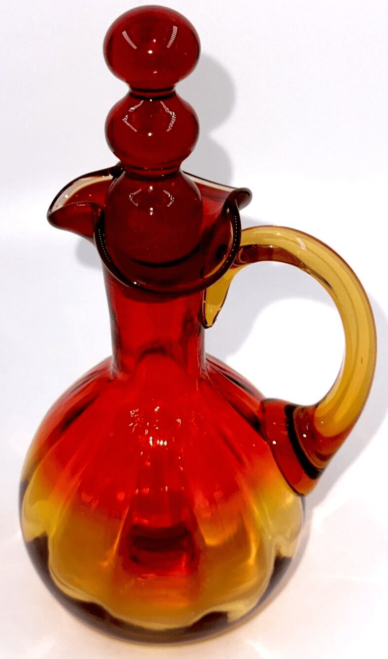 Antique Cruet Amberina Glass Panel Optic w/ Heart - Shaped Spout, Tiered Stopper - AntiquesEtceteraAntique Cruet Amberina Glass Panel Optic w/ Heart - Shaped Spout, Tiered StopperAntiquesEtceteraAntiquesEtcetera