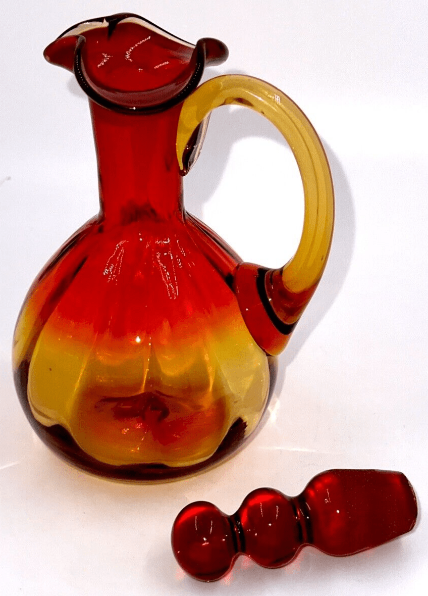 Antique Cruet Amberina Glass Panel Optic w/ Heart - Shaped Spout, Tiered Stopper - AntiquesEtceteraAntique Cruet Amberina Glass Panel Optic w/ Heart - Shaped Spout, Tiered StopperAntiquesEtceteraAntiquesEtcetera