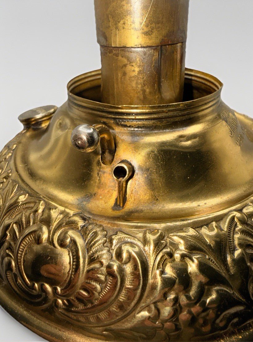 Antique E. Miller THE JUNO Oil LAMP Bright Brass Embossed & Reticulated Pretty! - AntiquesEtceteraAntique E. Miller THE JUNO Oil LAMP Bright Brass Embossed & Reticulated Pretty!E. MillerAntiquesEtcetera