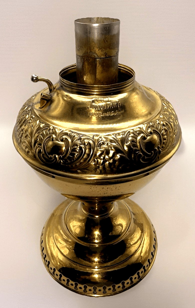 Antique E. Miller THE JUNO Oil LAMP Bright Brass Embossed & Reticulated Pretty! - AntiquesEtceteraAntique E. Miller THE JUNO Oil LAMP Bright Brass Embossed & Reticulated Pretty!E. MillerAntiquesEtcetera