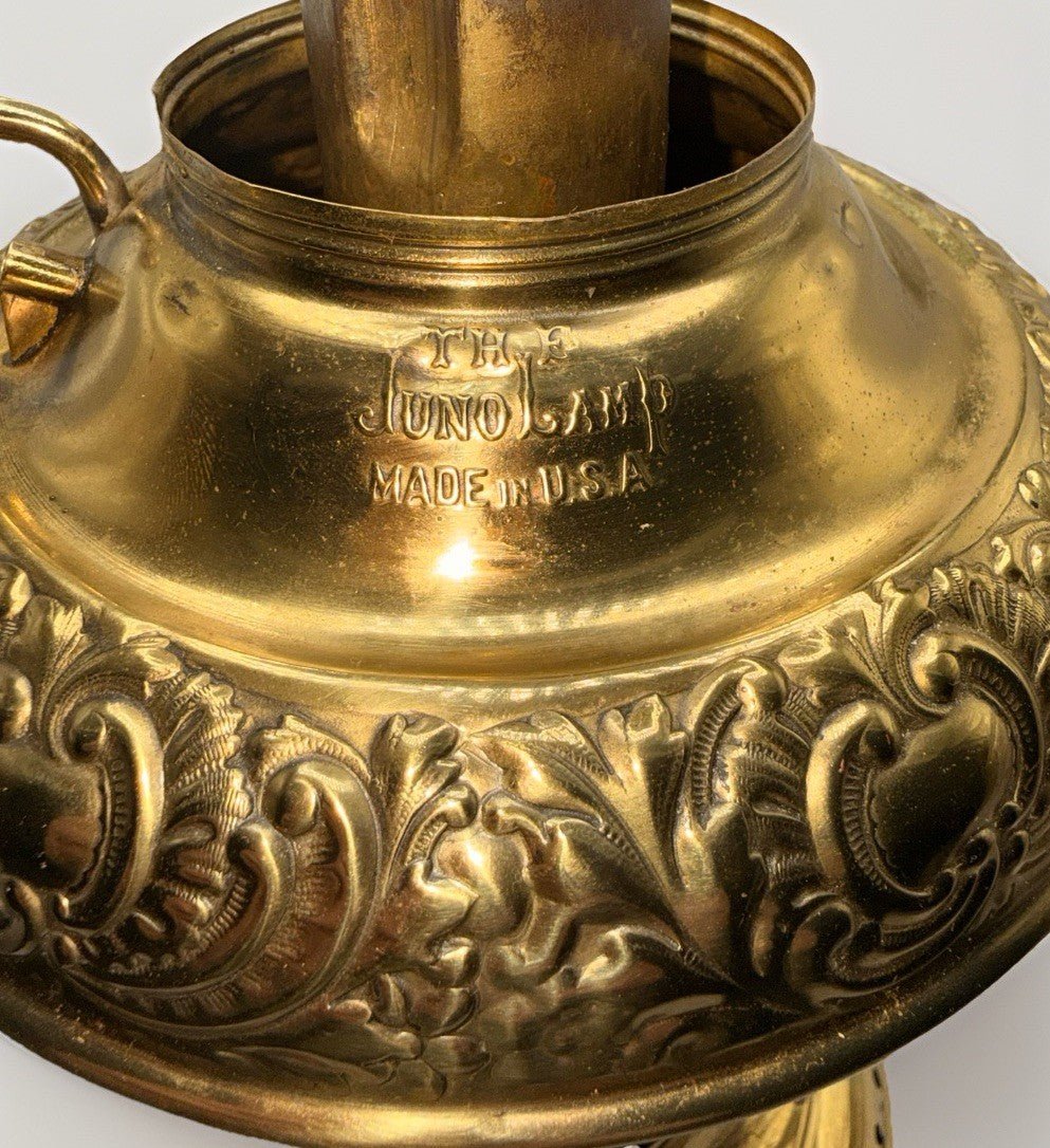 Antique E. Miller THE JUNO Oil LAMP Bright Brass Embossed & Reticulated Pretty! - AntiquesEtceteraAntique E. Miller THE JUNO Oil LAMP Bright Brass Embossed & Reticulated Pretty!E. MillerAntiquesEtcetera