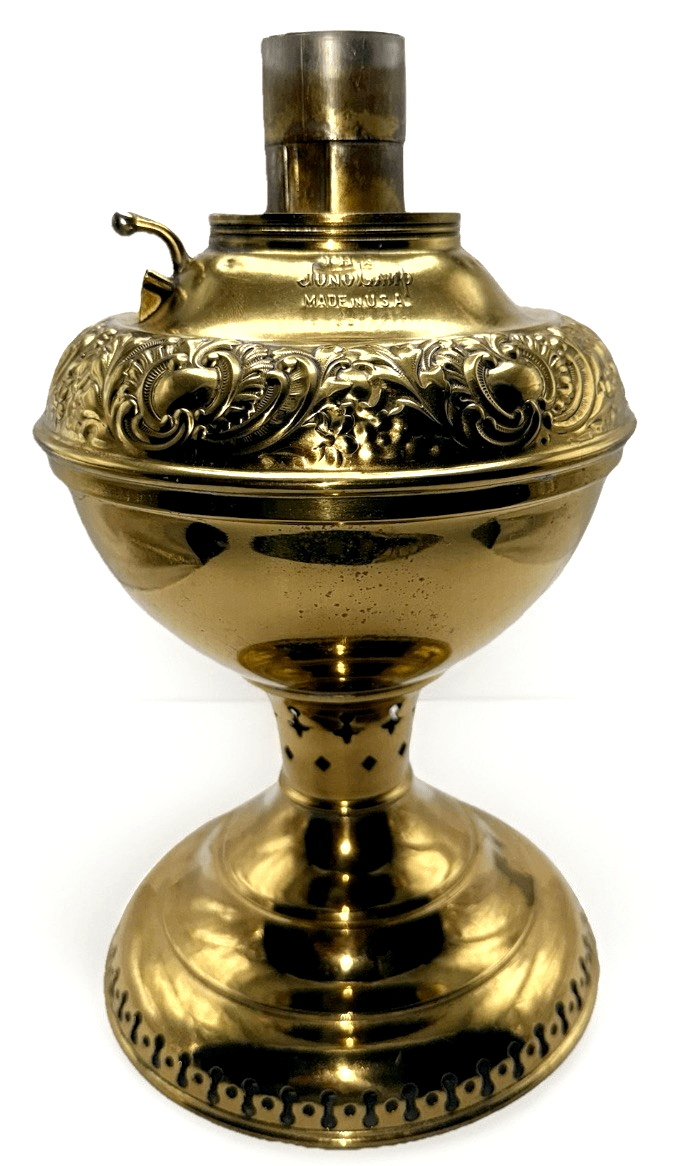Antique E. Miller THE JUNO Oil LAMP Bright Brass Embossed & Reticulated Pretty! - AntiquesEtceteraAntique E. Miller THE JUNO Oil LAMP Bright Brass Embossed & Reticulated Pretty!E. MillerAntiquesEtcetera