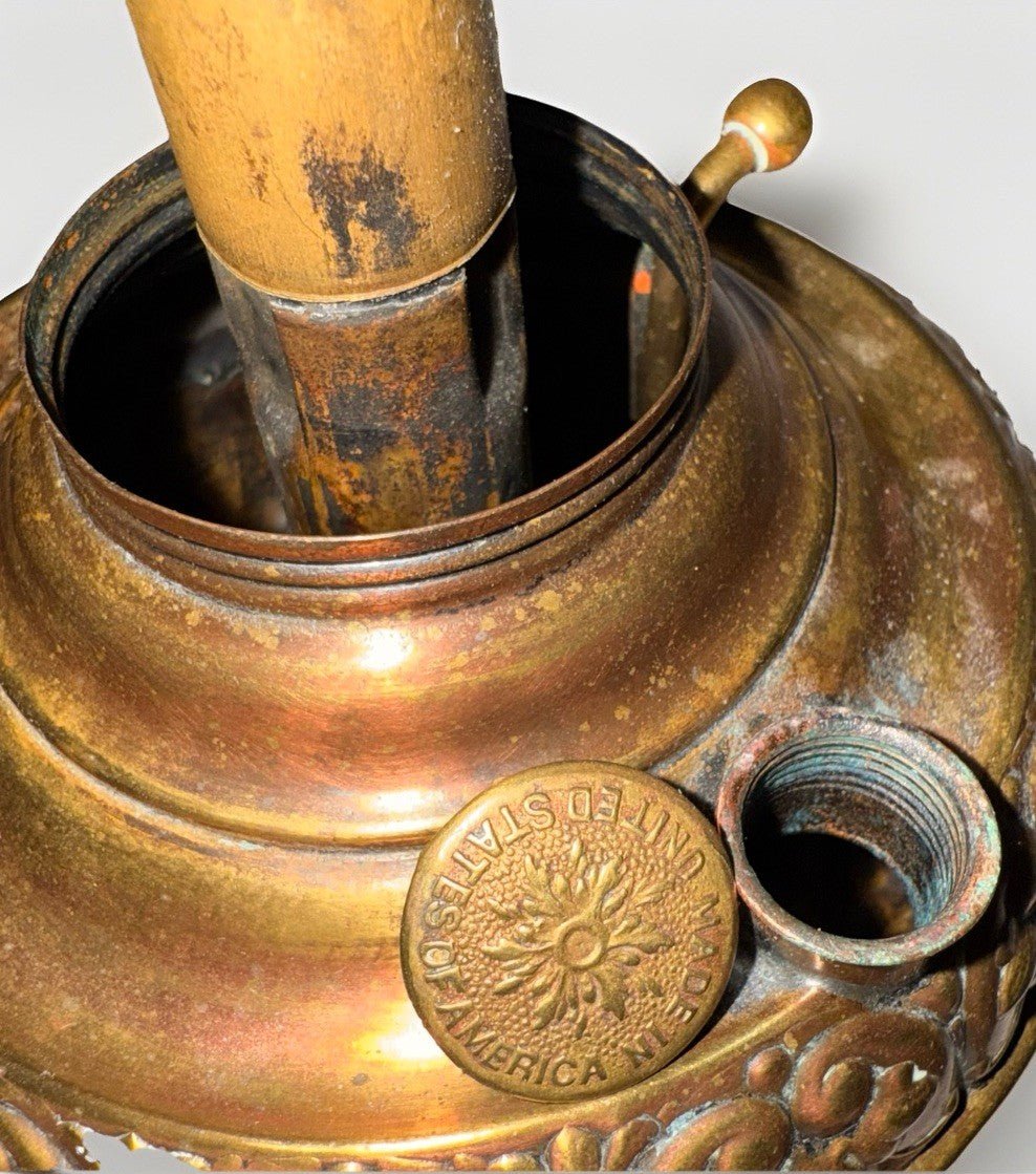 Antique E. Miller THE TINY JUNO Brass Center Draft Kerosene Lamp Hanging Bracket - AntiquesEtceteraAntique E. Miller THE TINY JUNO Brass Center Draft Kerosene Lamp Hanging BracketMillerAntiquesEtcetera