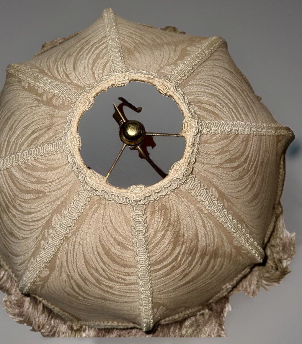 Antique Fabric Fringed Lamp Shade Cream Damask Octagonal with Harp 18" Diameter - AntiquesEtceteraAntique Fabric Fringed Lamp Shade Cream Damask Octagonal with Harp 18" DiameterAntique LightingAntiquesEtceteraAntiquesEtcetera