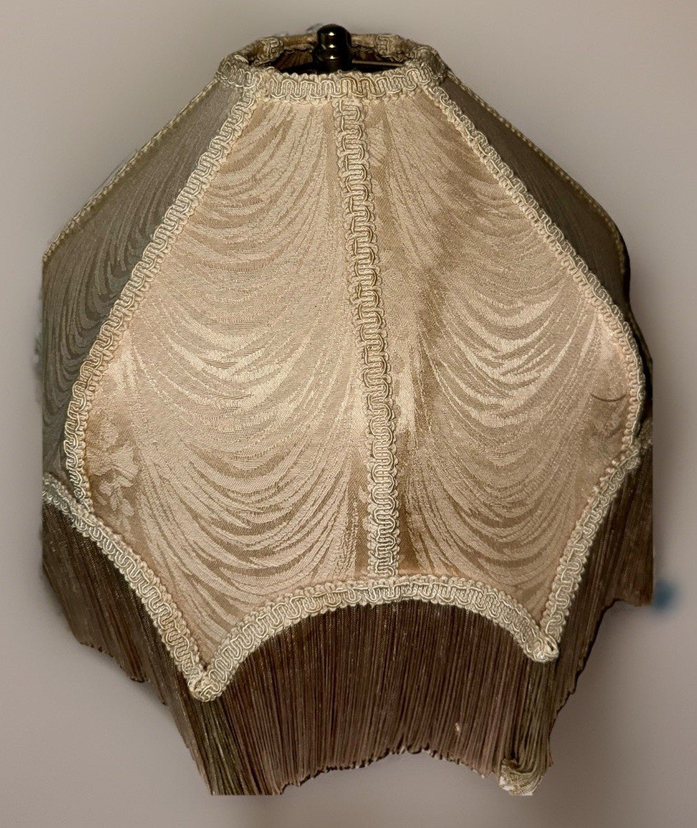 Antique Fabric Fringed Lamp Shade Cream Damask Octagonal with Harp 18" Diameter - AntiquesEtceteraAntique Fabric Fringed Lamp Shade Cream Damask Octagonal with Harp 18" DiameterAntique LightingAntiquesEtceteraAntiquesEtcetera