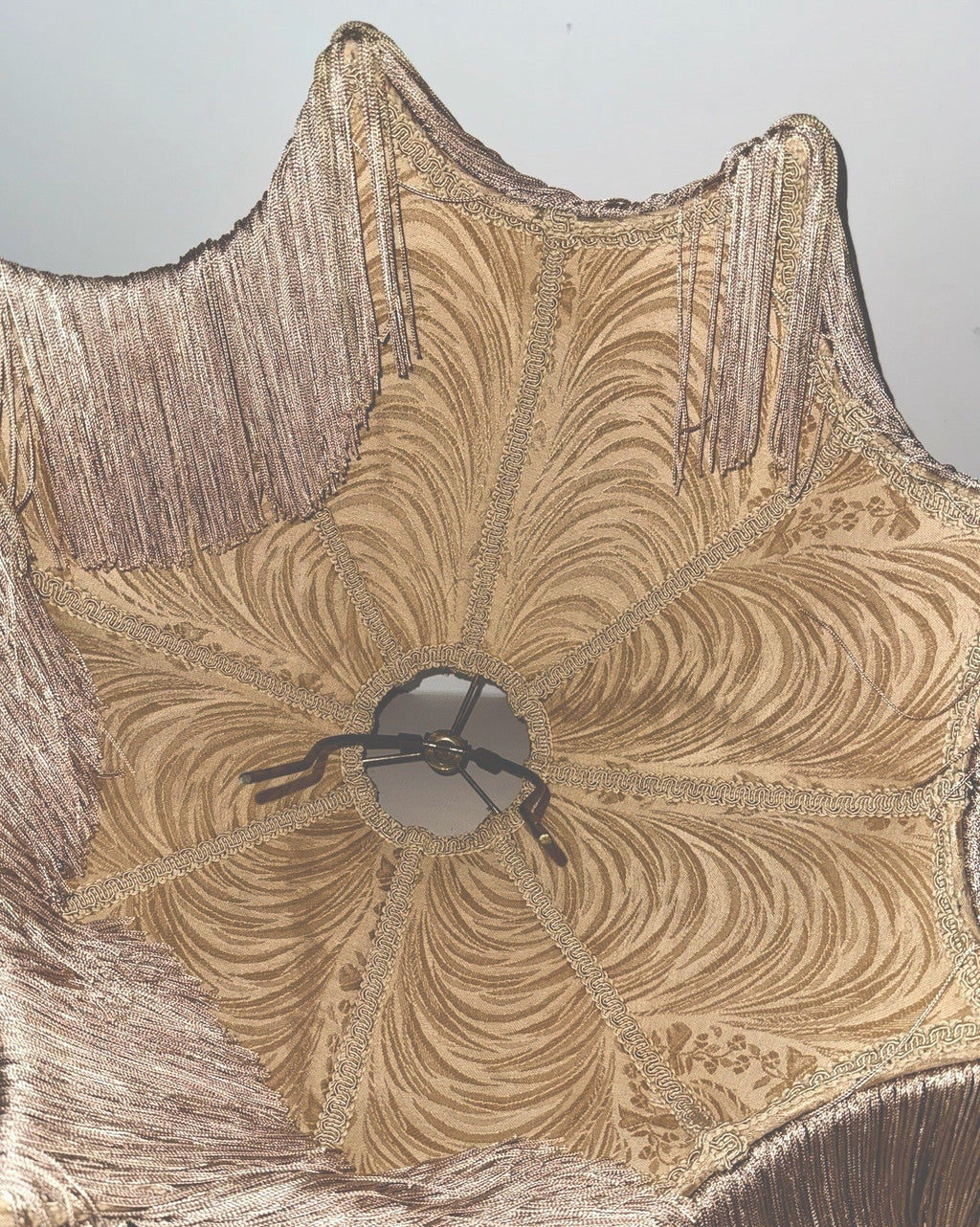 Antique Fabric Fringed Lamp Shade Cream Damask Octagonal with Harp 18" Diameter - AntiquesEtceteraAntique Fabric Fringed Lamp Shade Cream Damask Octagonal with Harp 18" DiameterAntique LightingAntiquesEtceteraAntiquesEtcetera