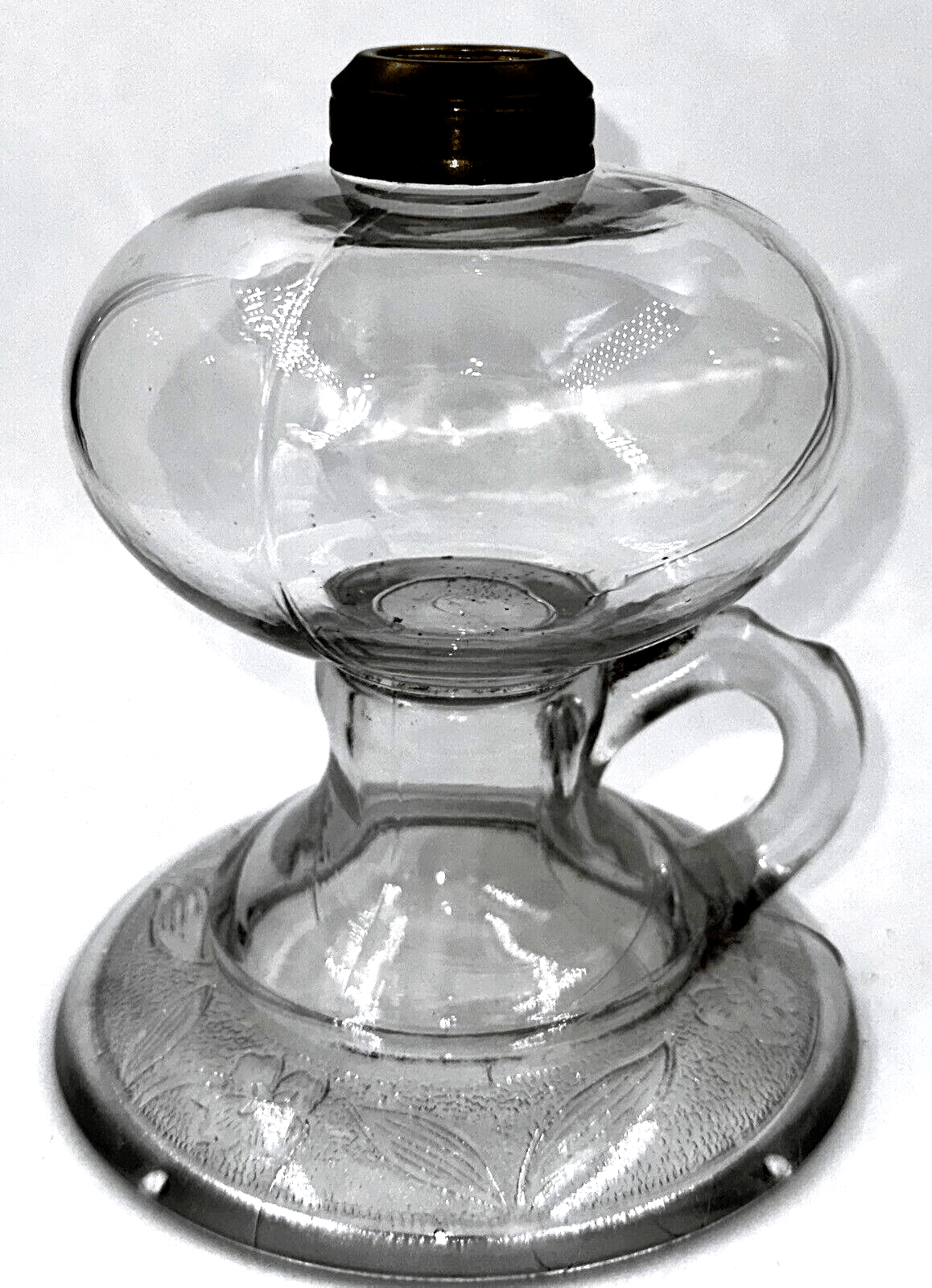 Antique Glass Kerosene or Oil Footed Hand Lamp Stippled Iris Base Notched Handle - AntiquesEtceteraAntique Glass Kerosene or Oil Footed Hand Lamp Stippled Iris Base Notched HandleAntiqueAntiquesEtcetera