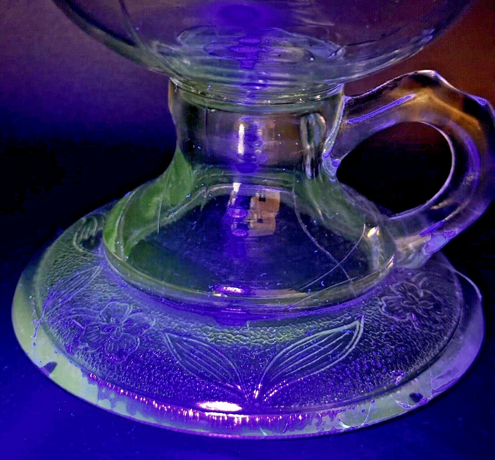 Antique Glass Kerosene or Oil Footed Hand Lamp Stippled Iris Base Notched Handle - AntiquesEtceteraAntique Glass Kerosene or Oil Footed Hand Lamp Stippled Iris Base Notched HandleAntiqueAntiquesEtcetera