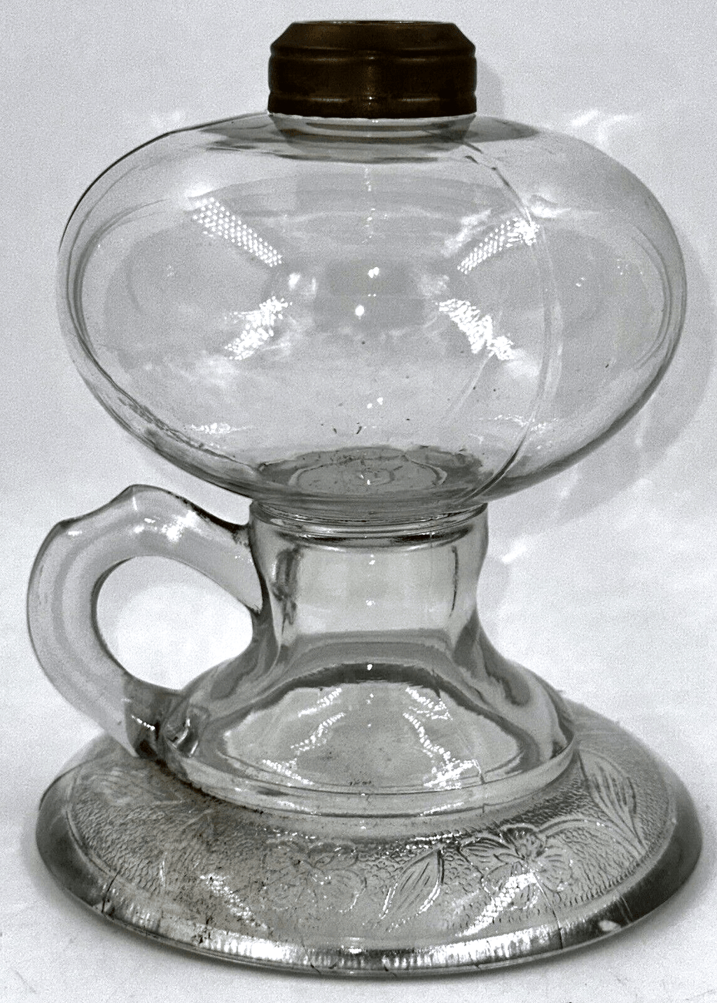 Antique Glass Kerosene or Oil Footed Hand Lamp Stippled Iris Base Notched Handle - AntiquesEtceteraAntique Glass Kerosene or Oil Footed Hand Lamp Stippled Iris Base Notched HandleAntiqueAntiquesEtcetera