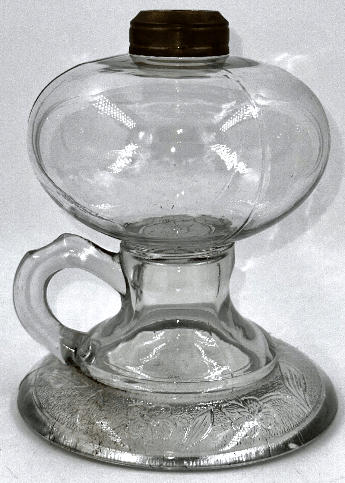 Antique Glass Kerosene or Oil Footed Hand Lamp Stippled Iris Base Notched Handle - AntiquesEtceteraAntique Glass Kerosene or Oil Footed Hand Lamp Stippled Iris Base Notched HandleAntiqueAntiquesEtcetera