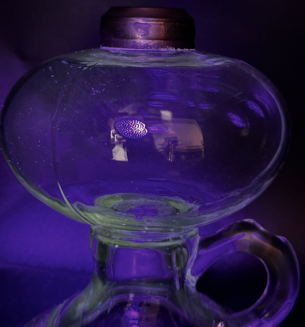 Antique Glass Kerosene or Oil Footed Hand Lamp Stippled Iris Base Notched Handle - AntiquesEtceteraAntique Glass Kerosene or Oil Footed Hand Lamp Stippled Iris Base Notched HandleAntiqueAntiquesEtcetera