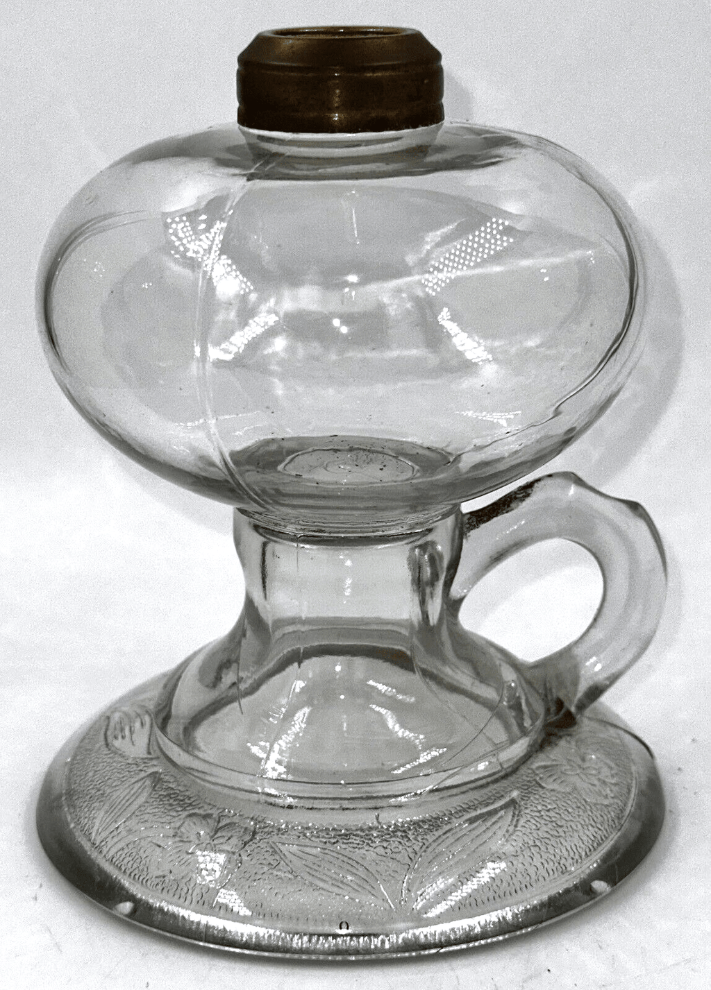Antique Glass Kerosene or Oil Footed Hand Lamp Stippled Iris Base Notched Handle - AntiquesEtceteraAntique Glass Kerosene or Oil Footed Hand Lamp Stippled Iris Base Notched HandleAntiqueAntiquesEtcetera