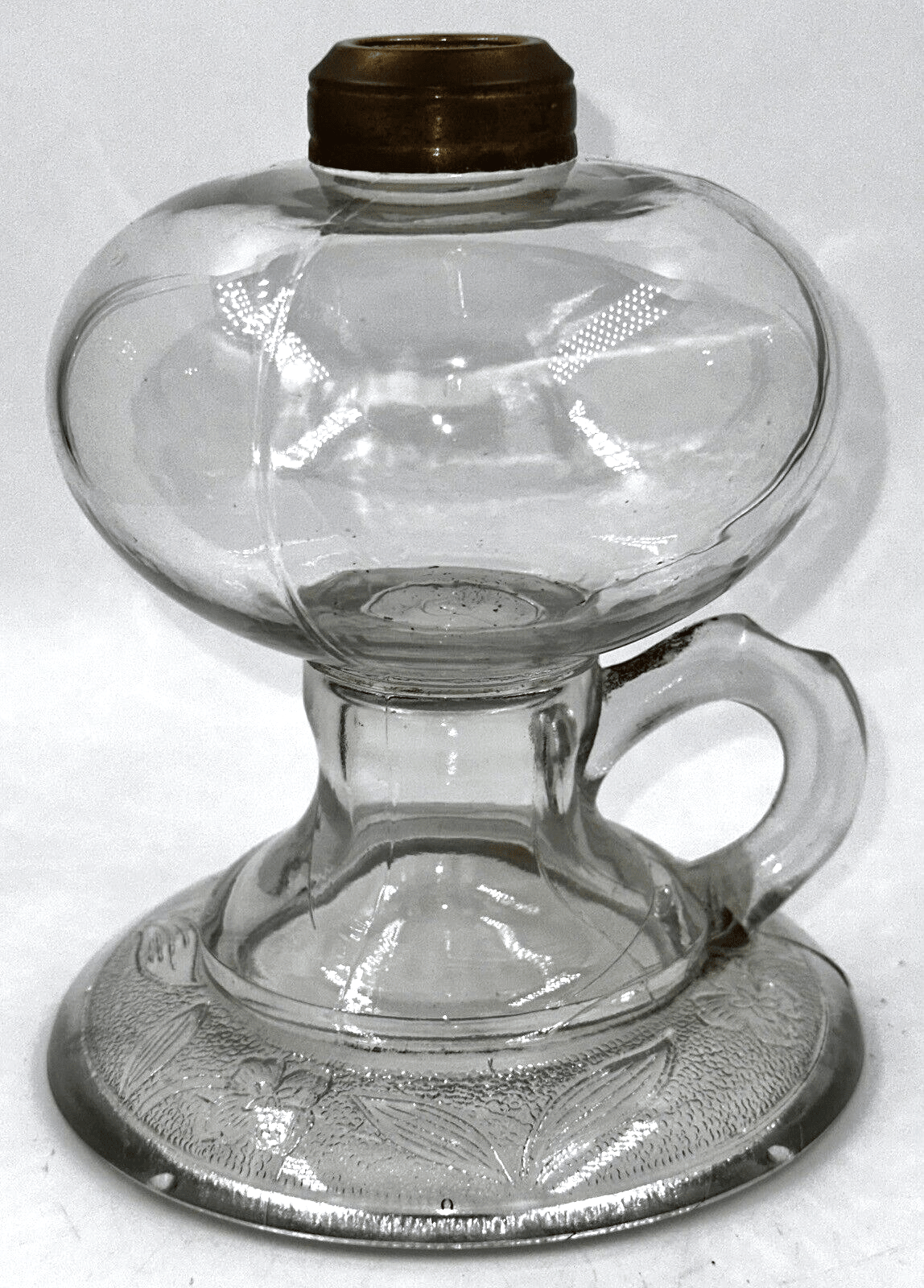 Antique Glass Kerosene or Oil Footed Hand Lamp Stippled Iris Base Notched Handle - AntiquesEtceteraAntique Glass Kerosene or Oil Footed Hand Lamp Stippled Iris Base Notched HandleAntiqueAntiquesEtcetera