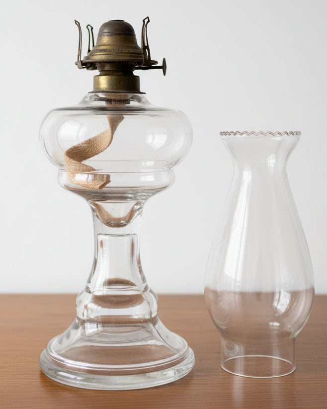 Antique Glass Oil Kerosene Stand Lamp with Drip Catcher Font, Burner and Chimney - AntiquesEtceteraAntique Glass Oil Kerosene Stand Lamp with Drip Catcher Font, Burner and ChimneyAntique LightingAntiquesEtceteraAntiquesEtcetera