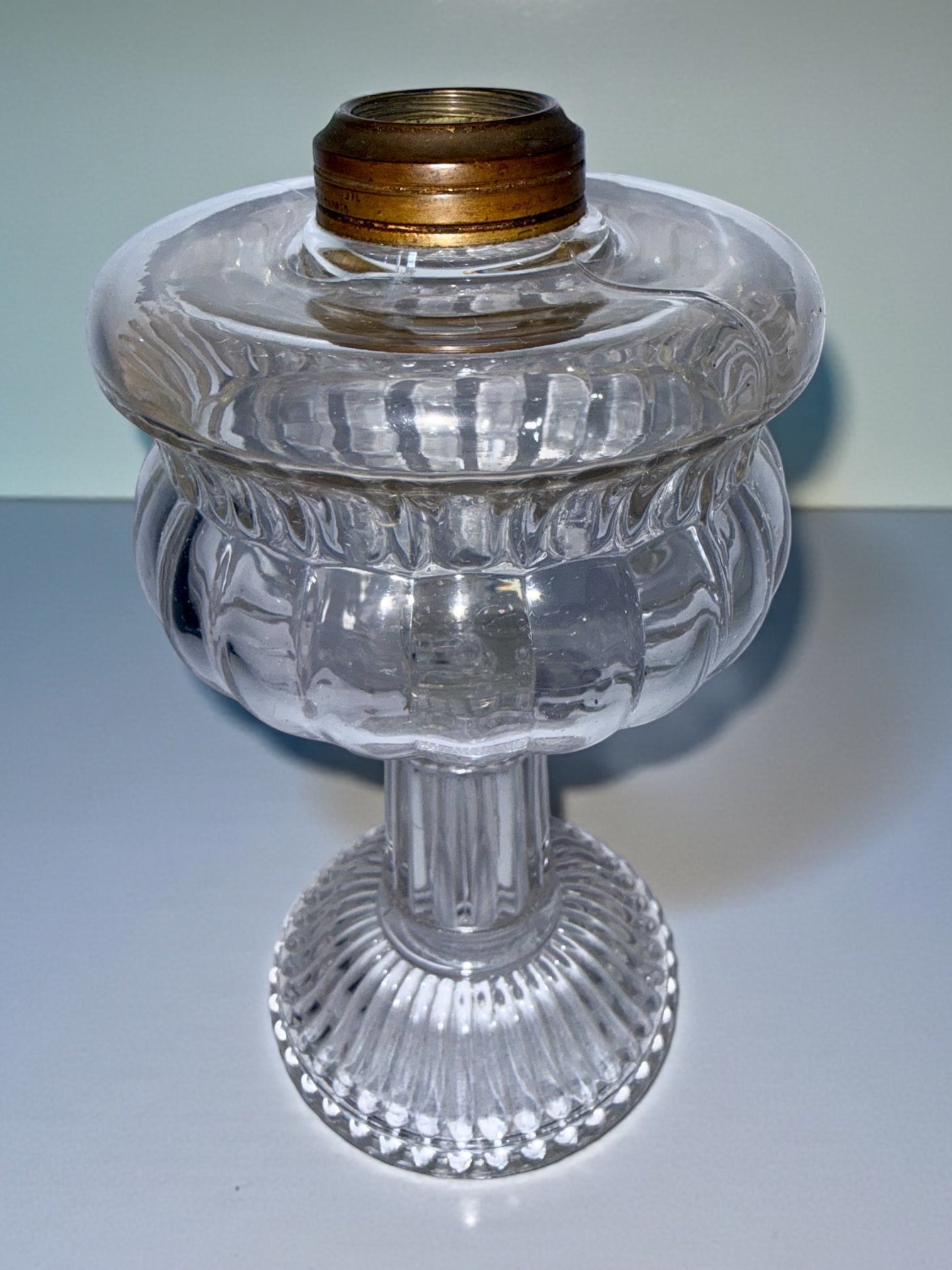 Antique Glass Oil or Kerosene Stand Lamp with Elegant Font, Stem and Base - AntiquesEtceteraAntique Glass Oil or Kerosene Stand Lamp with Elegant Font, Stem and BaseAntique LightingAntiquesEtceteraAntiquesEtcetera
