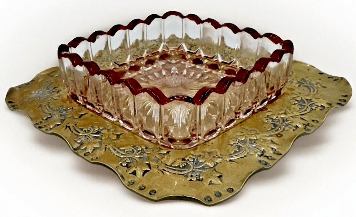 Antique Glass Sauce Dish Ruby Stained with Embossed / Stamped Silver Plate Stand - AntiquesEtceteraAntique Glass Sauce Dish Ruby Stained with Embossed / Stamped Silver Plate StandAntiquesEtceteraAntiquesEtcetera