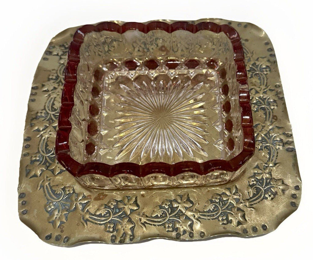Antique Glass Sauce Dish Ruby Stained with Embossed / Stamped Silver Plate Stand - AntiquesEtceteraAntique Glass Sauce Dish Ruby Stained with Embossed / Stamped Silver Plate StandAntiquesEtceteraAntiquesEtcetera