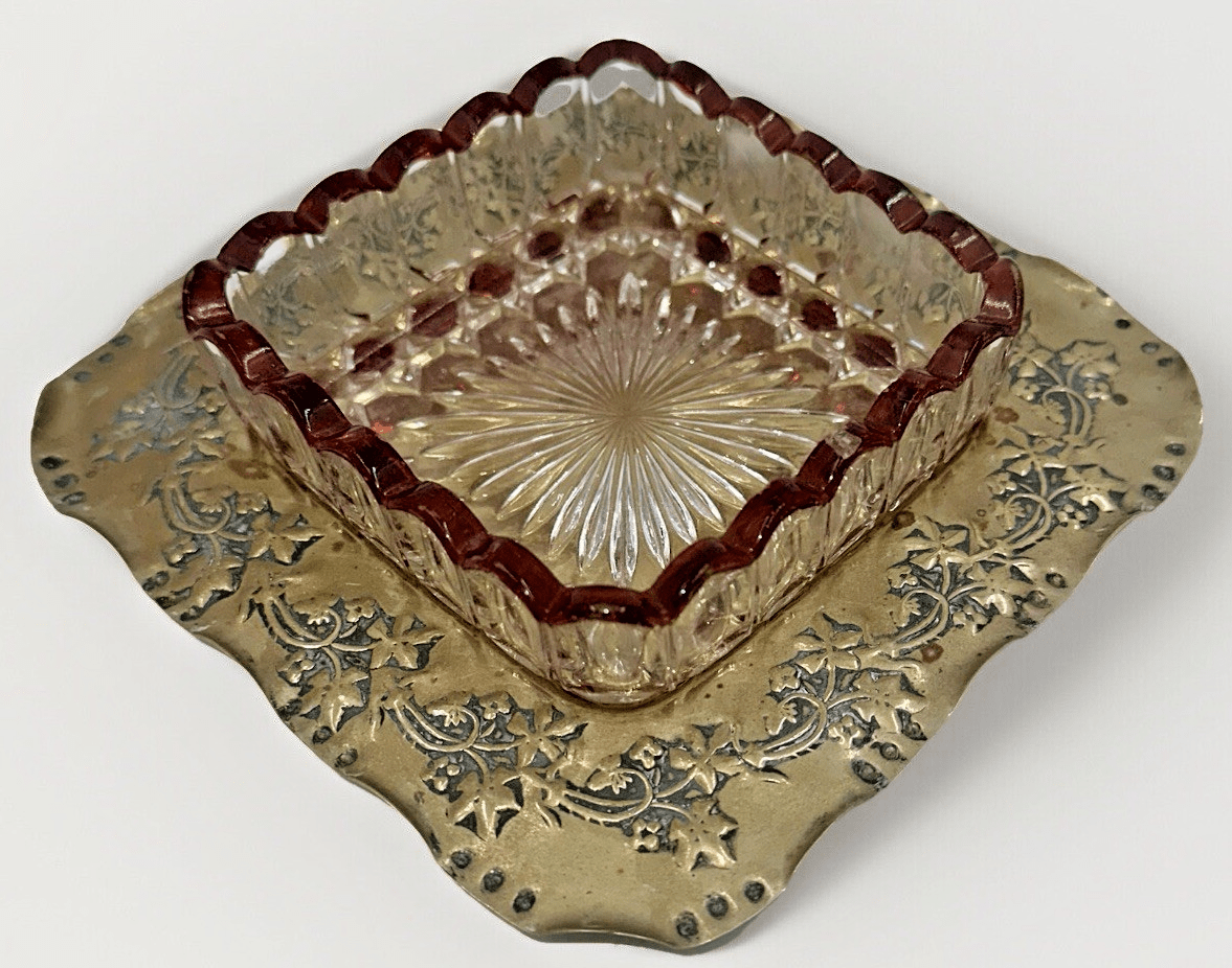 Antique Glass Sauce Dish Ruby Stained with Embossed / Stamped Silver Plate Stand - AntiquesEtceteraAntique Glass Sauce Dish Ruby Stained with Embossed / Stamped Silver Plate StandAntiquesEtceteraAntiquesEtcetera