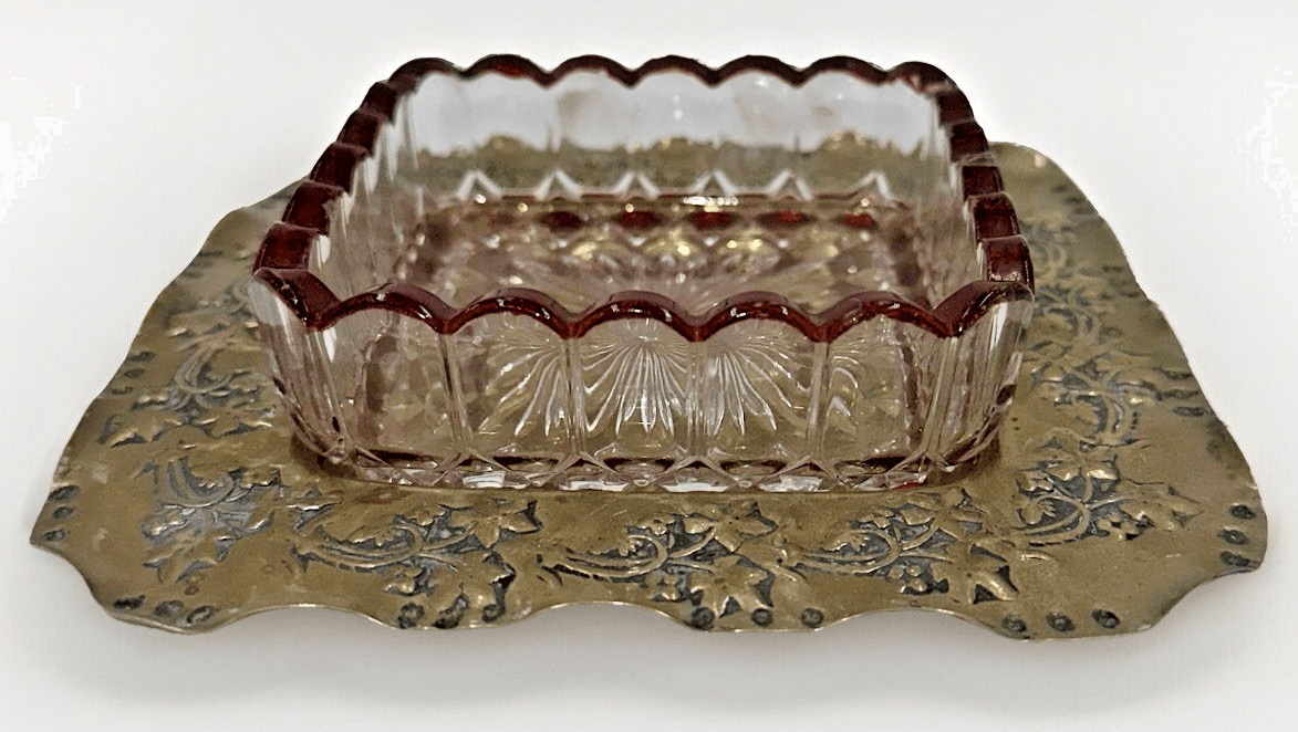 Antique Glass Sauce Dish Ruby Stained with Embossed / Stamped Silver Plate Stand - AntiquesEtceteraAntique Glass Sauce Dish Ruby Stained with Embossed / Stamped Silver Plate StandAntiquesEtceteraAntiquesEtcetera