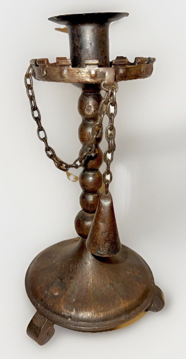 Antique Gothic Candlestick Candle Holder w/ Snuffer Turret Drip Rim Wrought Iron - AntiquesEtceteraAntique Gothic Candlestick Candle Holder w/ Snuffer Turret Drip Rim Wrought IronUnbrandedAntiquesEtcetera