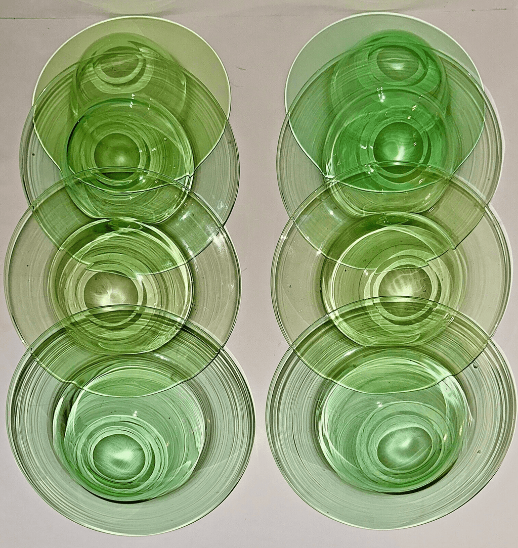 Antique H P Sinclaire Jr. Set of 8 Grapefruit Bowls Green Uranium Glass 7 7/8" D - AntiquesEtceteraAntique H P Sinclaire Jr. Set of 8 Grapefruit Bowls Green Uranium Glass 7 7/8" DH P Sinclaire JrAntiquesEtcetera