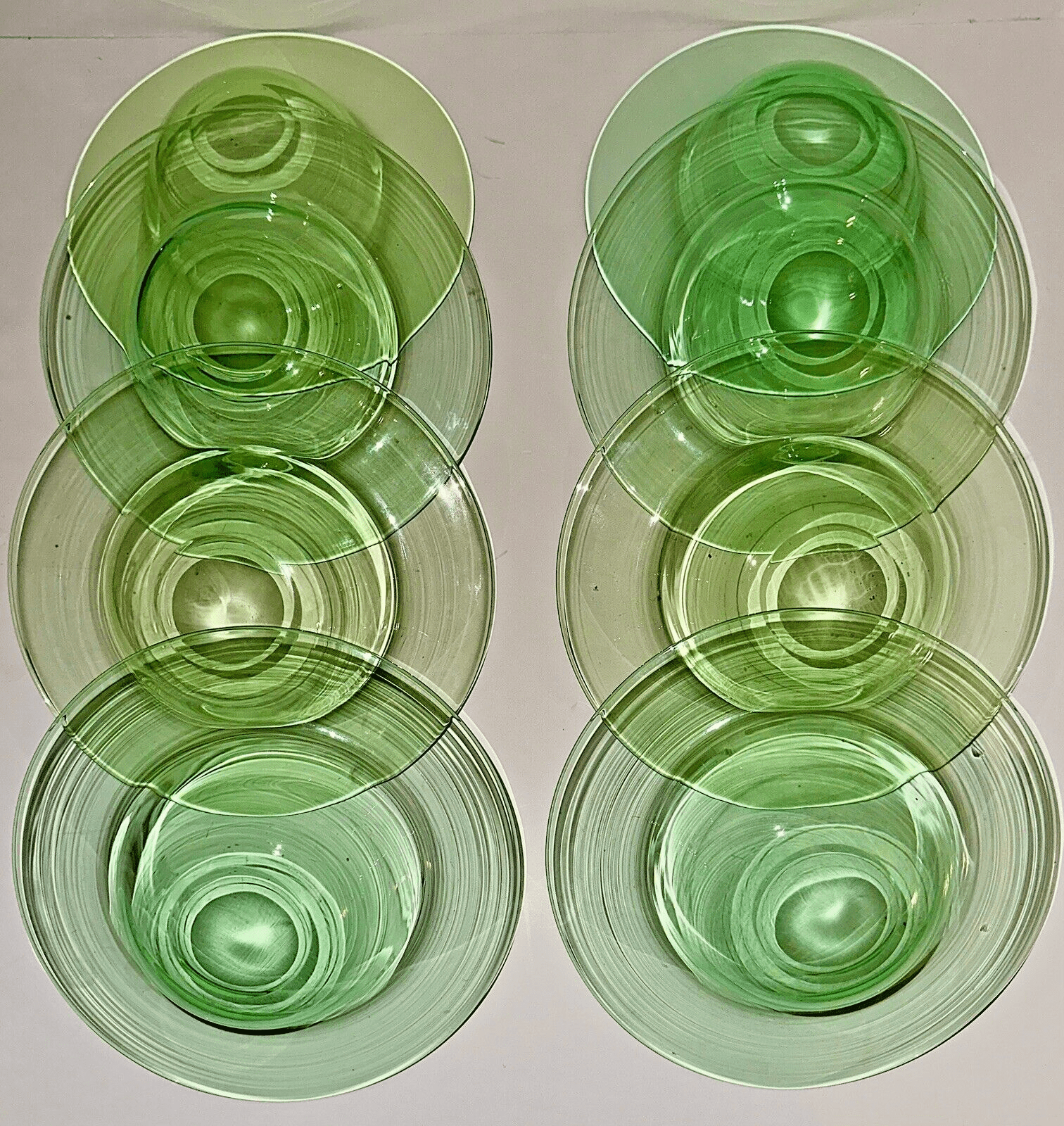 Antique H P Sinclaire Jr. Set of 8 Grapefruit Bowls Green Uranium Glass 7 7/8" D - AntiquesEtceteraAntique H P Sinclaire Jr. Set of 8 Grapefruit Bowls Green Uranium Glass 7 7/8" DH P Sinclaire JrAntiquesEtcetera