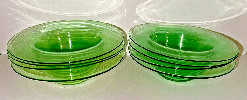 Antique H P Sinclaire Jr. Set of 8 Grapefruit Bowls Green Uranium Glass 7 7/8" D - AntiquesEtceteraAntique H P Sinclaire Jr. Set of 8 Grapefruit Bowls Green Uranium Glass 7 7/8" DH P Sinclaire JrAntiquesEtcetera