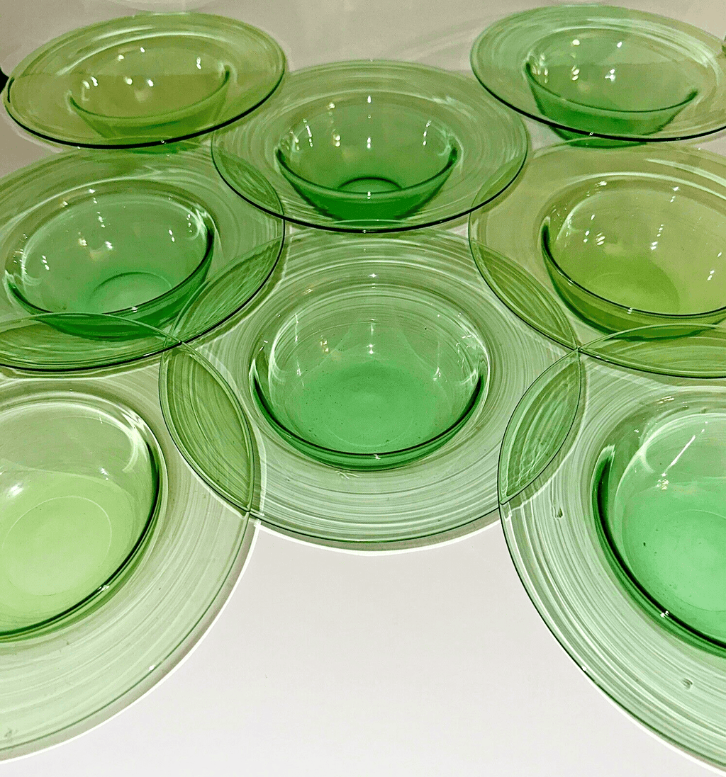 Antique H P Sinclaire Jr. Set of 8 Grapefruit Bowls Green Uranium Glass 7 7/8" D - AntiquesEtceteraAntique H P Sinclaire Jr. Set of 8 Grapefruit Bowls Green Uranium Glass 7 7/8" DH P Sinclaire JrAntiquesEtcetera