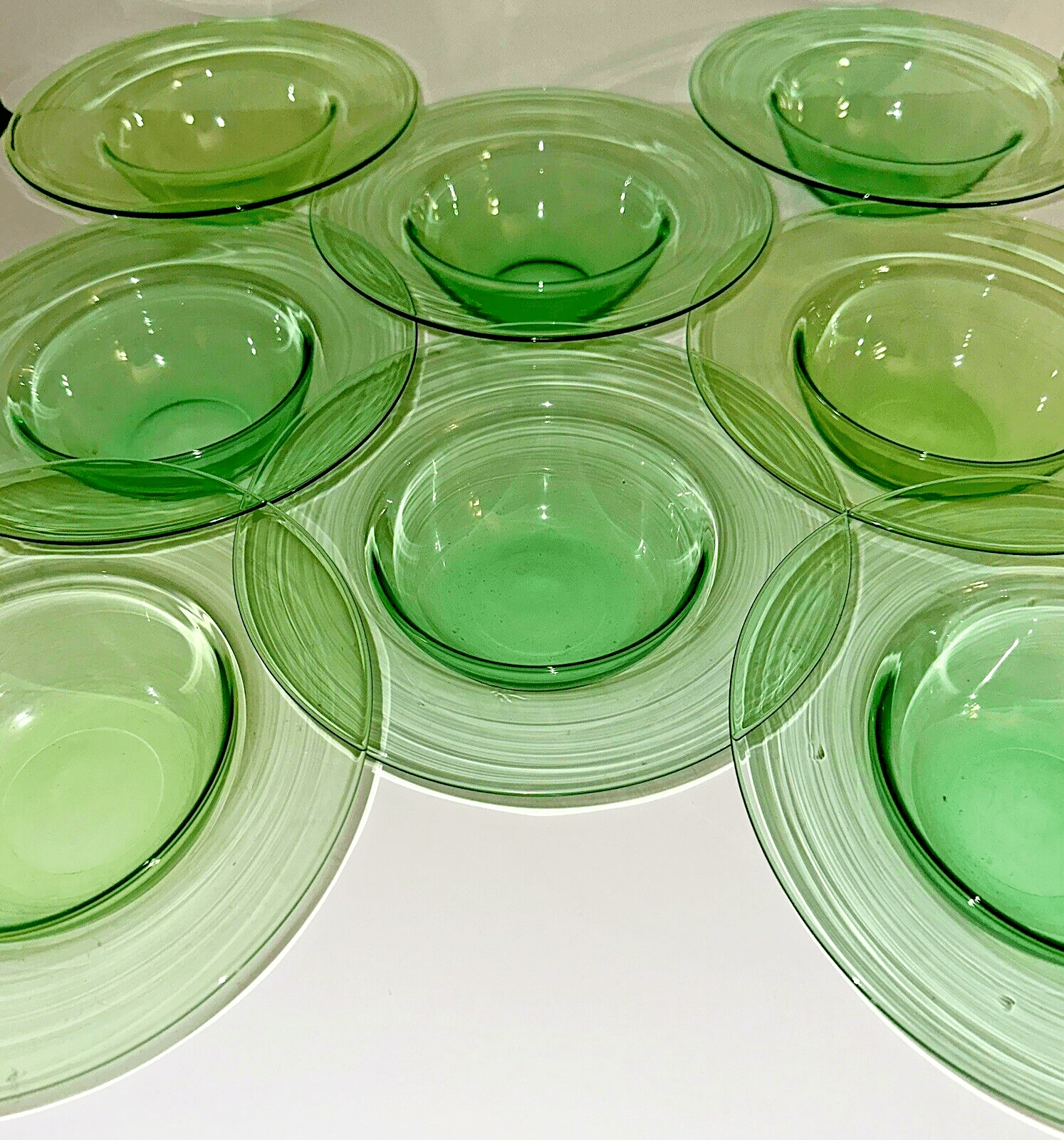 Antique H P Sinclaire Jr. Set of 8 Grapefruit Bowls Green Uranium Glass 7 7/8" D - AntiquesEtceteraAntique H P Sinclaire Jr. Set of 8 Grapefruit Bowls Green Uranium Glass 7 7/8" DH P Sinclaire JrAntiquesEtcetera