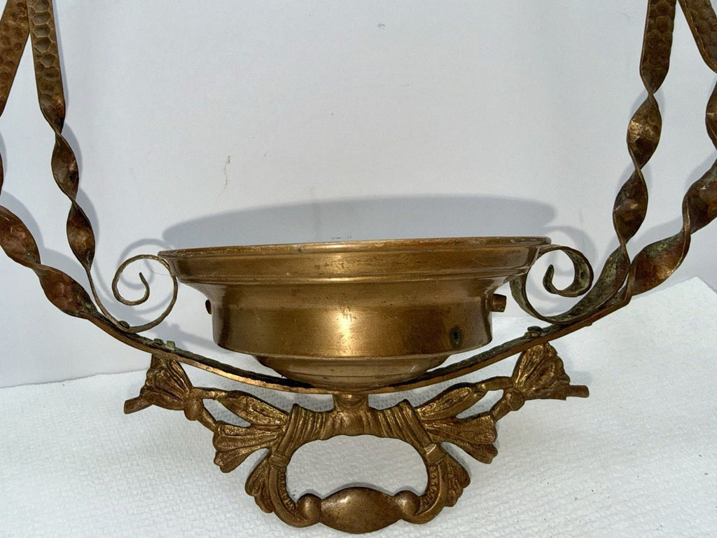 Antique Hammered Brass Hanging Oil Lamp Frame with Pull Down and Font Holder - AntiquesEtceteraAntique Hammered Brass Hanging Oil Lamp Frame with Pull Down and Font HolderAntiqueAntiquesEtcetera